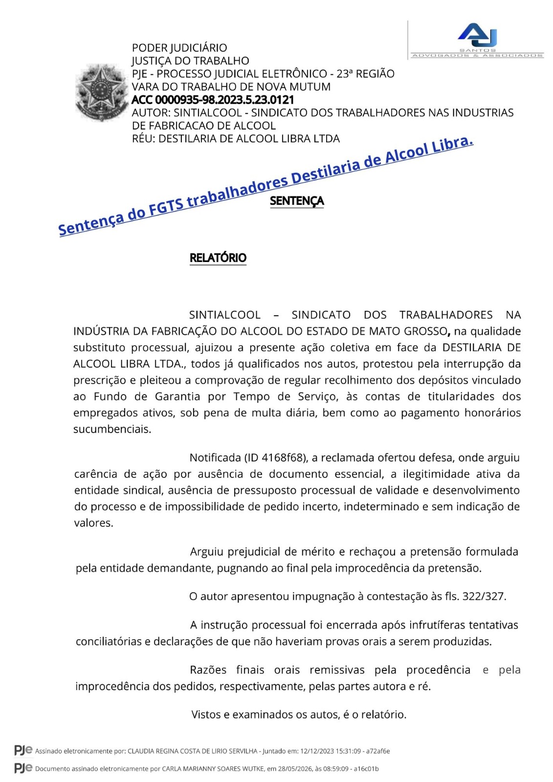 Sentença do FGTS trabalhadores Destilaria de Alcool Libra